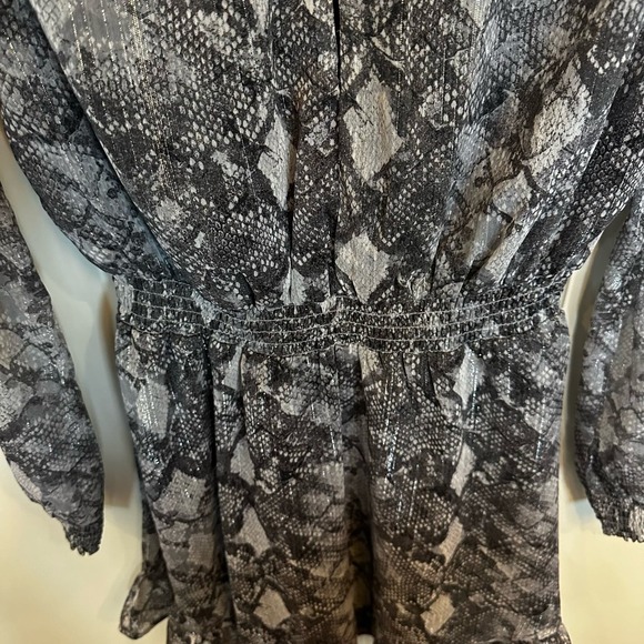 Wayf Revolve Women’s Snake Print Chiffon Keyhole Metallic Ruffle Mini Dress - Picture 9 of 13